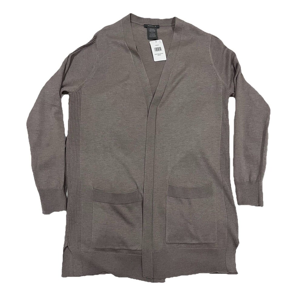 NWT Matty M Women’s Heather Taupe Beige Long Open Cardigan Sweater Large Pockets - Picture 3 of 6